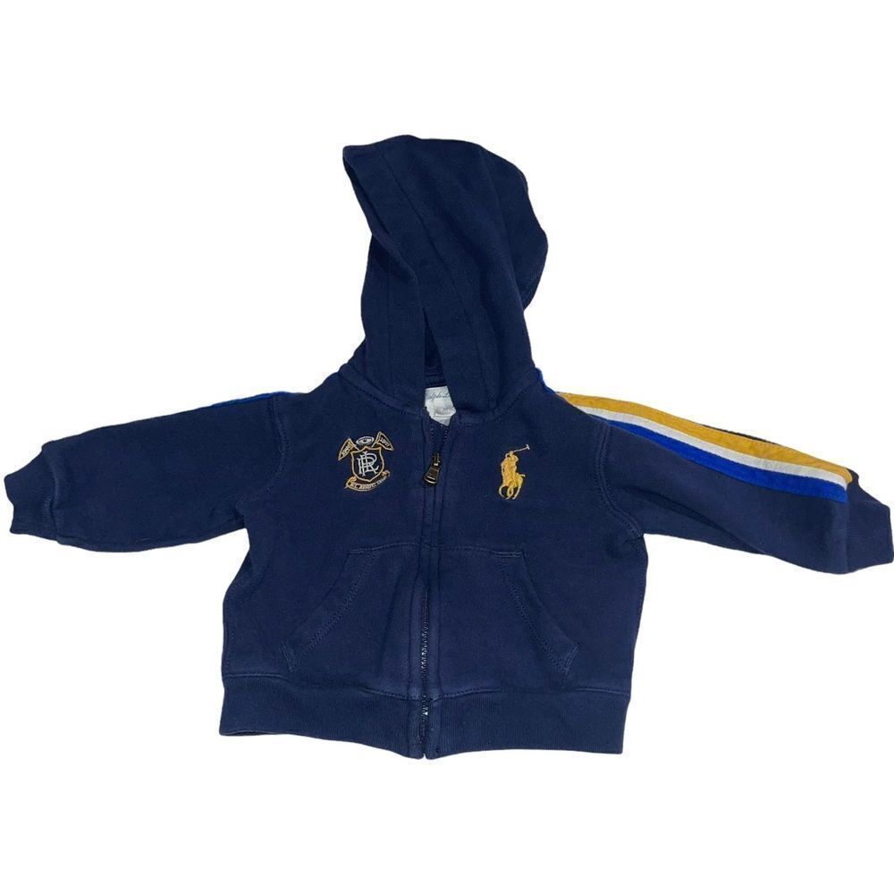 Ralph Lauren Navy Full Zip‎ Hoodie with Yellow Big Pony Logo - Size 3 months